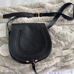 Chloe Medium Marcie Round Crossbody-Black Leather Saddle Bag